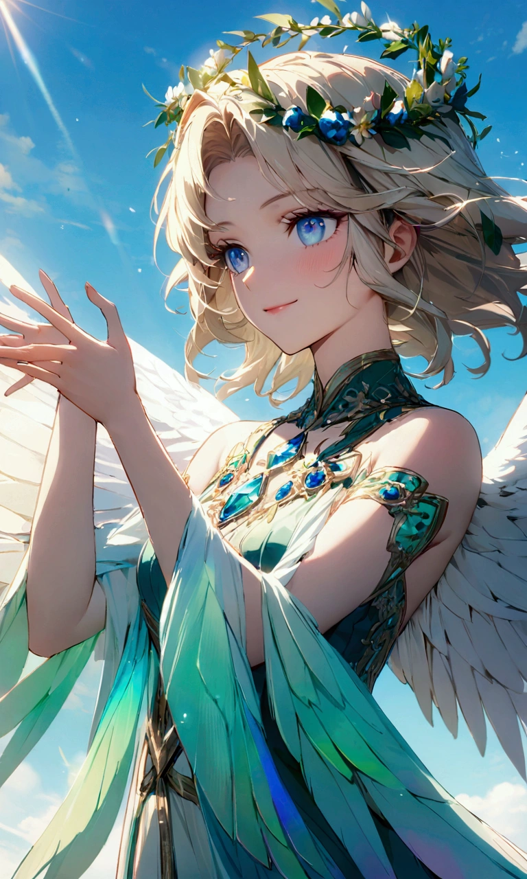 Most beautiful anime style, ultra top quality, super detailed, ultra masterpiece, 4k, beautiful girl, upper body, personification of Archangel Raphael, healing angel, radiating green healing light, soft warm light, dressed in green and blue elegant plumage, silky material, two large beautiful pure white angel wings, fluttering wings, sapphire blue eyes, shining like stars, flowing blonde hair, wavy in the wind, gentle and kind smile, arms outstretched in a pose that radiates healing light, blue sky and light in the background, seven-colored balls of light shining like stars in the daylight, shimmering, reflections of light the light, streaks of light, feathers decorated with fine embroidery and jewels, sparkles and shimmers in the depiction of light, iridescent highlights, slender and graceful figure, flower crown on her head