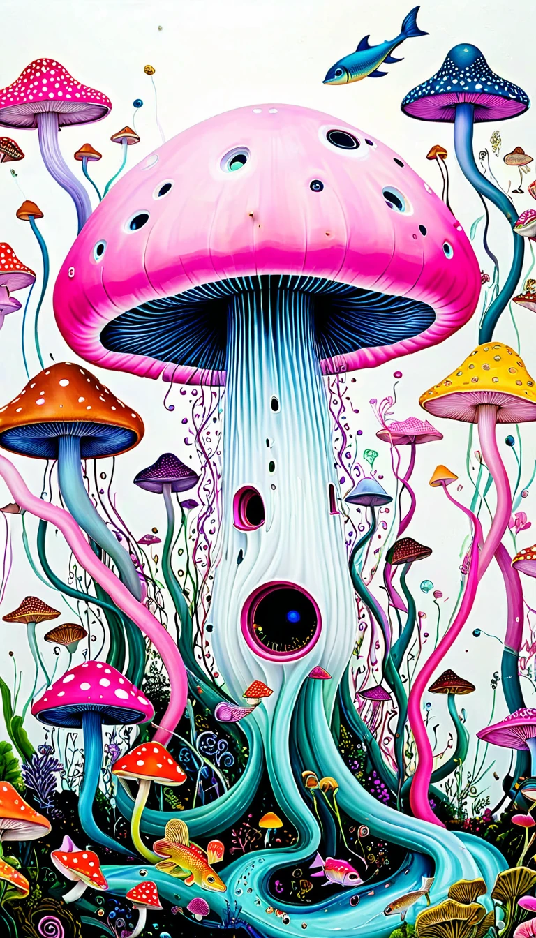 "Dick Ellescas Artist Style",Mushroom UFO,Tentacles瀑布。house、fish,Tentacles,bird、Eye、diatom,Stitching together an abstract painting,Describing the inner world of autistic people,Sense of space,White Space,interesting,Innocence,Psychedelic Art,Pink theme