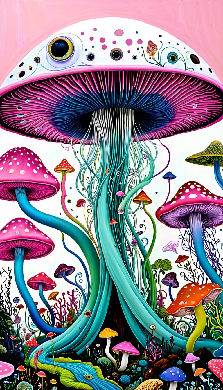 &quot;Dick Ellescas Artist Style&quot;,Mushroom UFO，Tentacles瀑布。house、fish，Tentacles，bird、Eye、diatom，Stitching together an abstract painting，Describing the inner world of autistic people，Sense of space，White Space，interesting，Innocence，Psychedelic Art，Pink theme