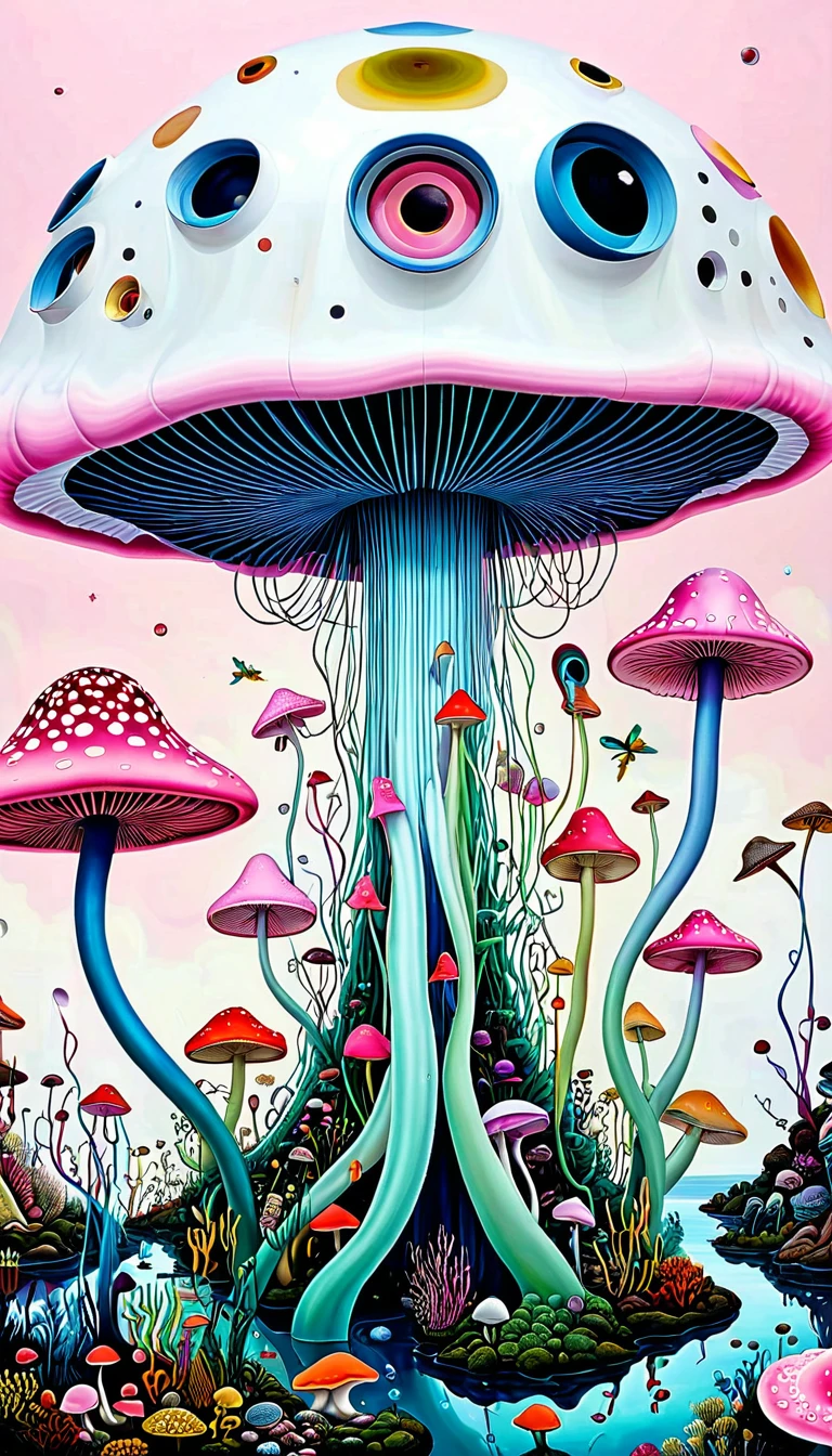"Dick Ellescas Artist Style",Mushroom UFO,Tentacles瀑布。house、fish,Tentacles,bird、Eye、diatom,Stitching together an abstract painting,Describing the inner world of autistic people,Sense of space,White Space,interesting,Innocence,Psychedelic Art,Pink theme