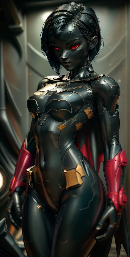 1 girl, solo, (look at viewer), ((Best quality)), ((masterpiece)), (detailed:1.4), ((upper body)), 3D, an image of a beautiful cyberpunk female,HDR (High Dynamic Range), Ray Tracing,NVIDIA RTX,Super-Resolution,Unreal 5,Subsurface scattering,PBR Texturing,Post-processing,Anisotropic Filtering,Depth-of-field,Maximum clarity and sharpness,Multi-layered textures,Albedo and Specular maps,Surface shading,Accurate simulation of light-material interaction,Perfect proportions,Octane Render,Two-tone lighting,Wide aperture,Low ISO,White balance,Rule of thirds,8K RAW, (((red eyes))), (((liquid metal black short hair))), CassCain, (dark skin:1.2), red eyes, black hair, short hair, medium breasts, batgirl bodysuit, belt, (( batgirl amor))