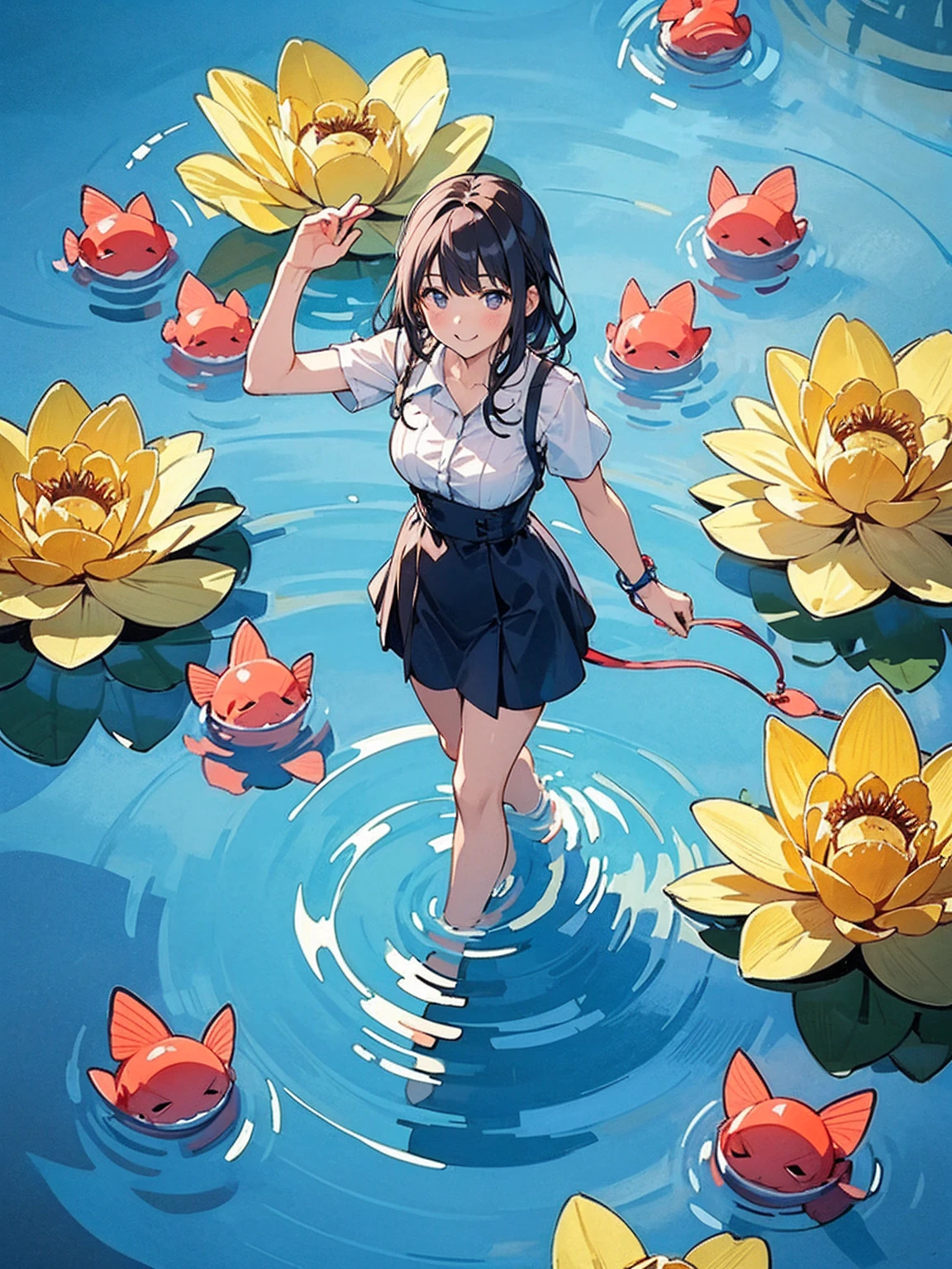 Woman walking on calm water, ((from above:1.5)), From above, Overlooking、Dancing Woman、Bottom Fish, lotus, Pool, Poolをを泳ぐ魚影