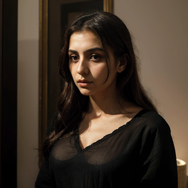 stunning portrait, Cypriot woman, pensive, nostalgic, intriguing, masterpiece, ambiguous, volumetric lighting