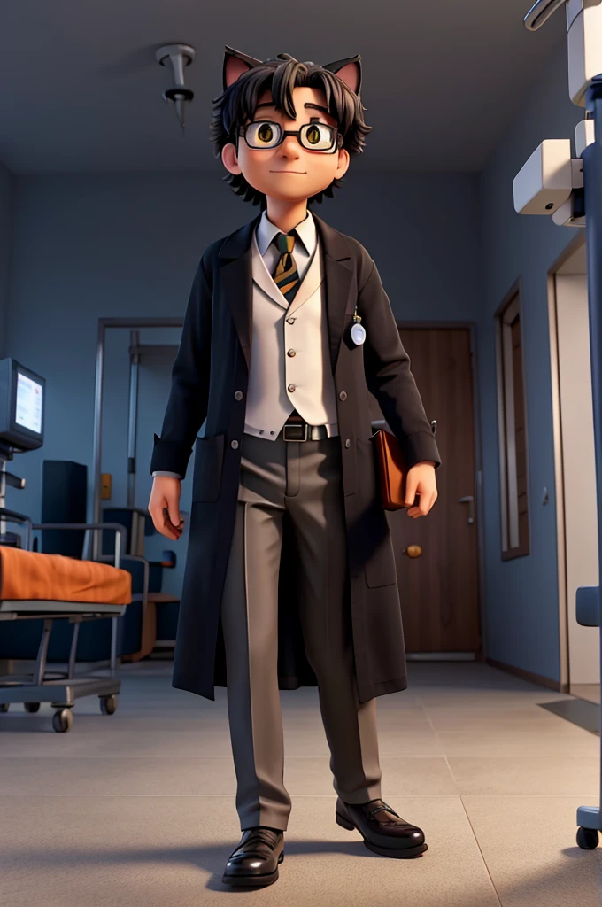 Black cat dressed as a doctor in a hospital 