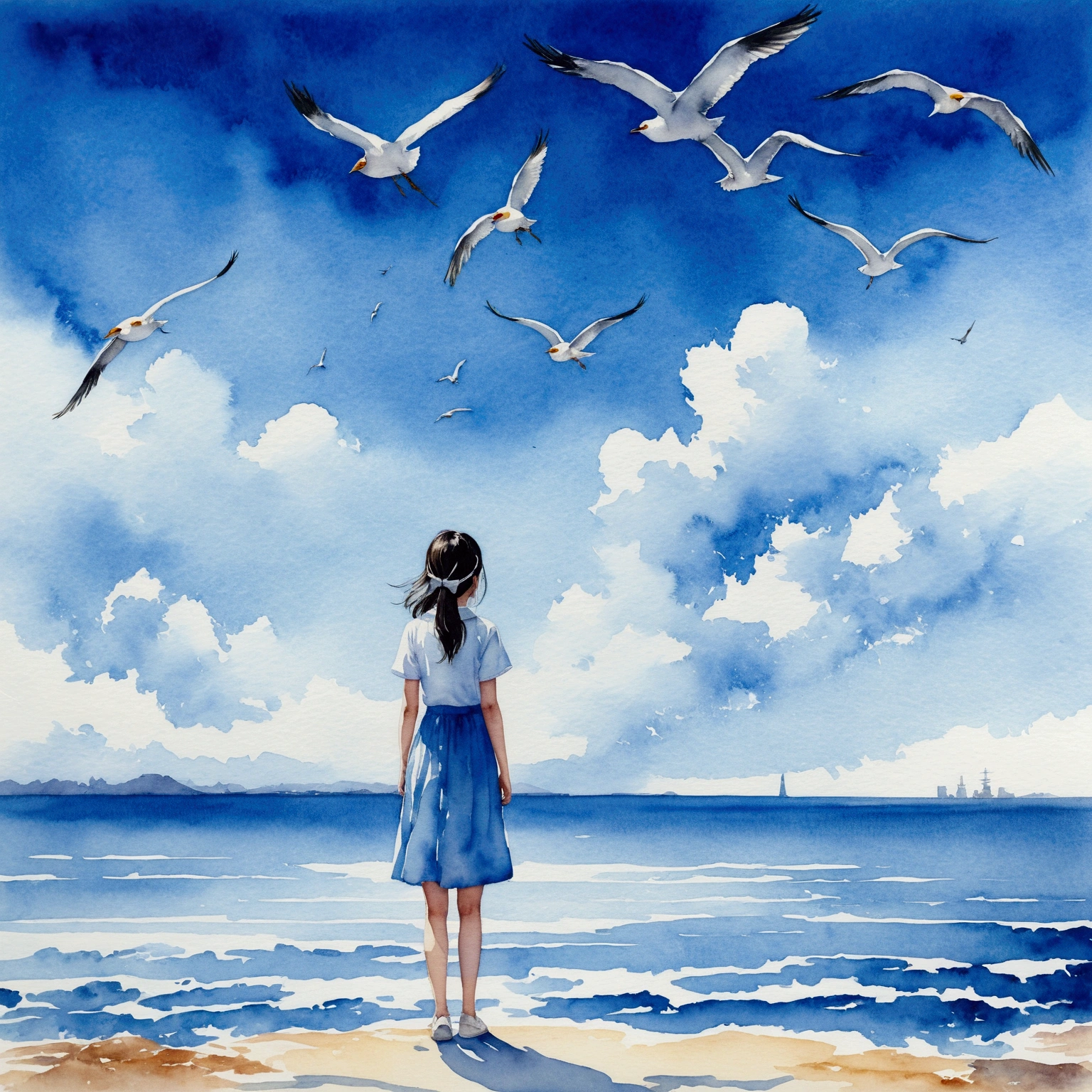 blue sky，Baiyun，Birds in the distance，Ocean，Vast image，Vision,Asahi,Girl Looking,Watercolor