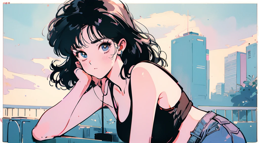 Highest quality、high resolution、Subtle details、Accurate anatomy、New Retro、80 hair、Beautiful woman、Woman with short black hair、Adult female、Curly Hair、White tank top、Denim colored shorts、Sad face,, Lofi Art, anime art wallpaper 4k, anime art wallpaper 4k, anime wallpaper 4k, anime wallpaper 4k, Praise atmosphere background,Streetscape,City Pop