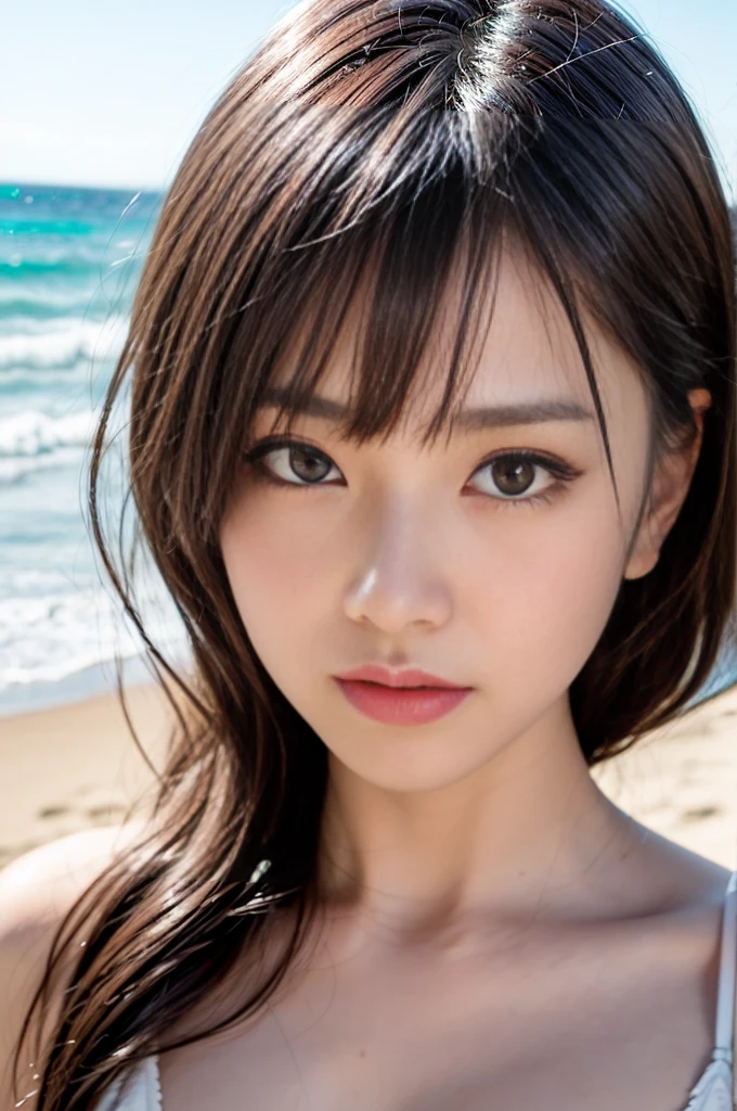 ((Highest quality)),((8K、32k)),(Genuine)、(detailed)、((Beach))、((Bust up shot))、((face closeup))、(White skin)、(Big Breasts)、The best balance between face and shoulder width、Micro Bikini、Shiny Hair、Short Bob、Glowing Skin、Japanese、beauty、Looking into the camera、Thick lips、kawaii、Hehehe:1.2、Shot with a film camera、RAW shooting、#24、Genuine、フォトGenuine:1.4、Photon Mapping、Physically Based Rendering、Perfect Anatomy、detailedなデコルテ、detailedな目、detailedな二重、detailedな咬筋、detailedな鎖骨、Perfect Fingers、Finger Description、(品質 8K)、((White skin))、Avoid mascara、Hair with movement、detailedな毛穴、Natural light、detailedな描写、Blushing、Fine pores、Perfect cleavage、masterpiece、Blushing、detailedな腹筋、sexy、detailedな脇の下、(slender)、(Upper Body)、detailedな目元、1 person、