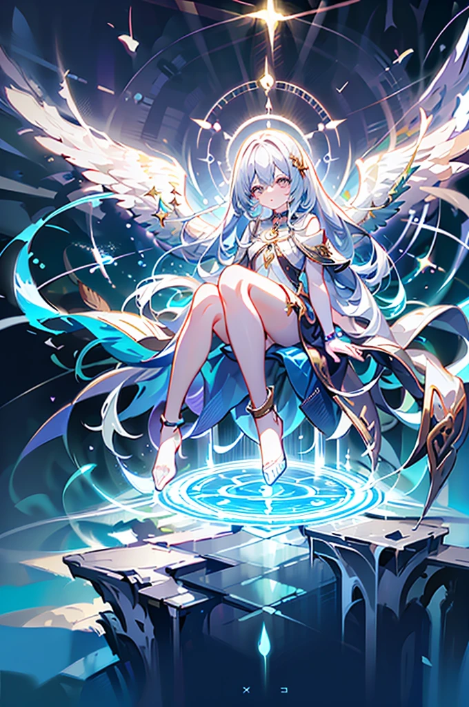 (((A far and clear view: 1.4))) of an anime girl, (sitting near an (active volcano with lava: 1.7)), (((half naked))), (barefoot), cinematic light, slim body with curves, skin is perfectly white, soft, and smooth, ((no nsfw)), Extremely delicate and beautiful CG illustration, best quality, high resolution, dynamic angle, full-length lens, (1 girl), floating, soft light, high-key lighting), glowing light, blue halo, feathers fluttering background, blue crystal, (((wearing nothing but a white (transparent) tank top)))