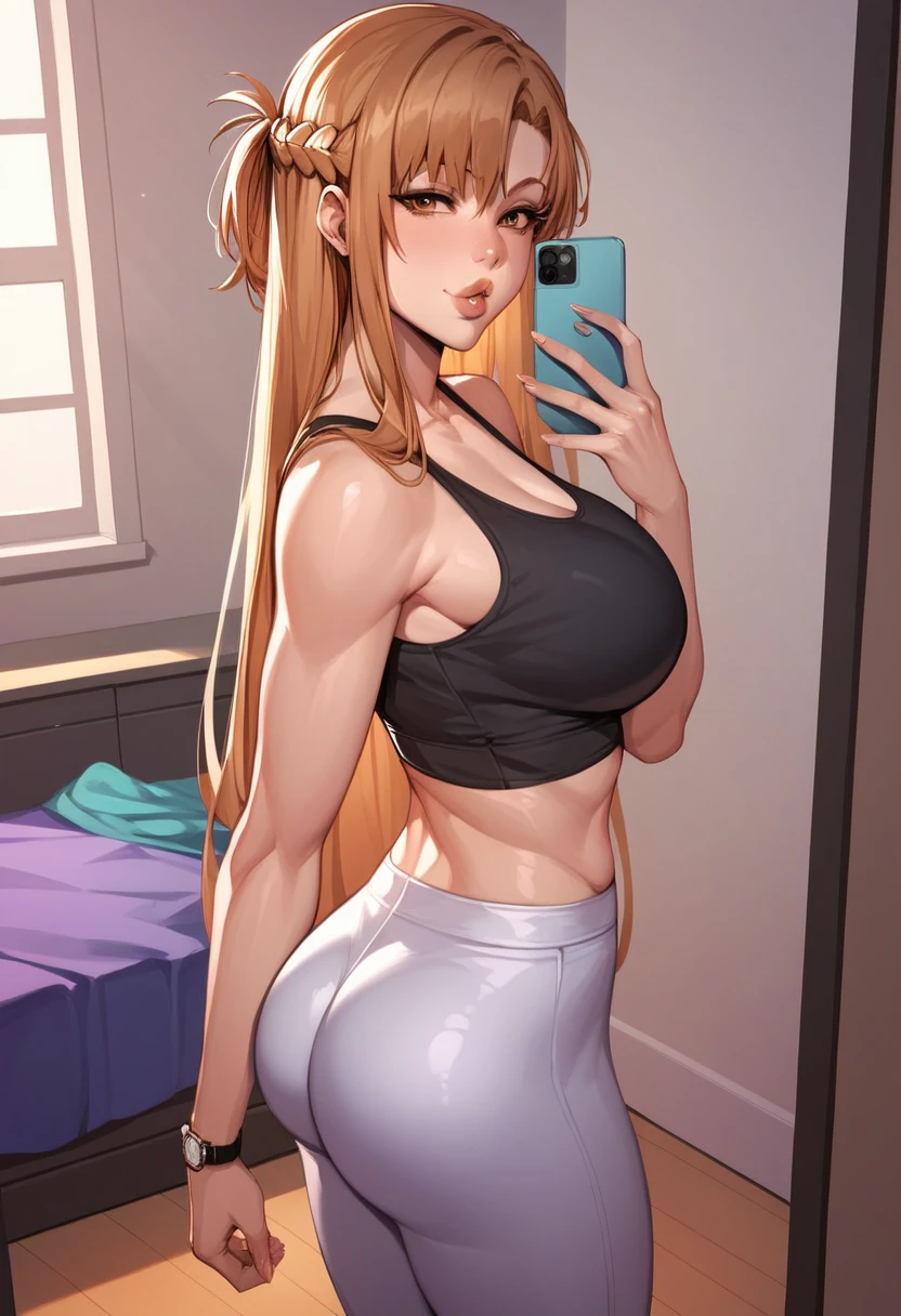 masterpiece, best quality, SimplePositiveXLv2, yuuki asuna, 1girl, solo, long hair, breasts,  large breast, curvy, 1girl, phone, solo, selfie, cellphone, ass, long_hair, yoga_pants, smartphone, pants, brown_hair, holding_phone, hand_on_hip, black_shirt, holding, crop_top, midriff, watch, shirt, tight, breasts, nose, tight_pants, lips