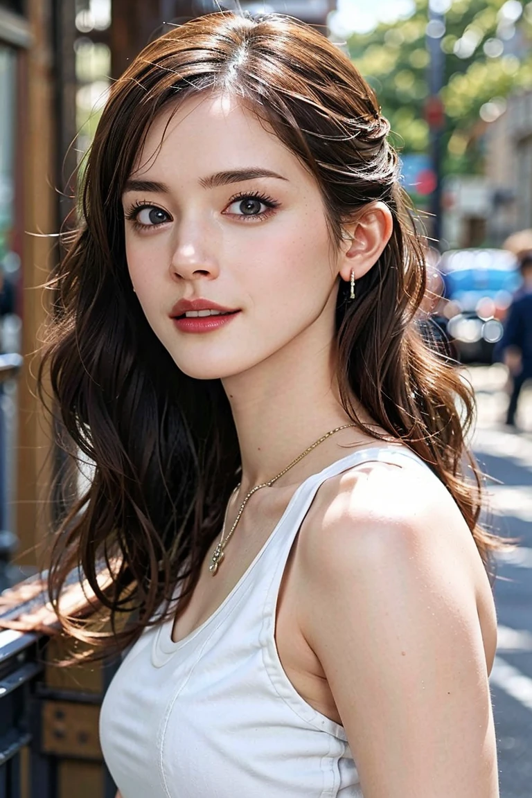 (Preserve face images), pale face:1.3、Super thin face:1.3, (very big eyes:1.5)、 (blown eyes:1.5), master piece、8K, {highest quality}, {{masterpiece}}, {very delicate and beautiful}, outstanding light and shadow, highly detailed wallpaper, clear and bright sunlight, (((Full body))), 1 girl, blush、(薄い茶Farbeの髪), strong sunlight, ((a strong light shines on your face)), Farbe々A pose:1.5, necklace、ring、earrings、Oversized linen blend tunic top、Tapered organic cotton pants、Recycled Plastic Slides、Upcycled Denim Messenger Ethically Sourced Bamboo Bracelet Toothless Smile:1,5), Drinking coffee in a cafe in Shibuya:1.3