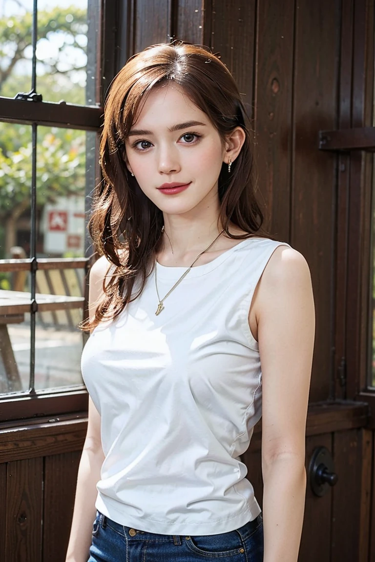 (Preserve face images), pale face:1.3、Super thin face:1.3, (very big eyes:1.5)、 (blown eyes:1.5), master piece、8K, {highest quality}, {{masterpiece}}, {very delicate and beautiful}, outstanding light and shadow, highly detailed wallpaper, clear and bright sunlight, (((Full body))), 1 girl, blush、(薄い茶Farbeの髪), strong sunlight, ((a strong light shines on your face)), Farbe々A pose:1.5, necklace、ring、earrings、Oversized linen blend tunic top、Tapered organic cotton pants、Recycled Plastic Slides、Upcycled Denim Messenger Ethically Sourced Bamboo Bracelet Toothless Smile:1,5),  Drinking coffee in a cafe in Shibuya：1.3