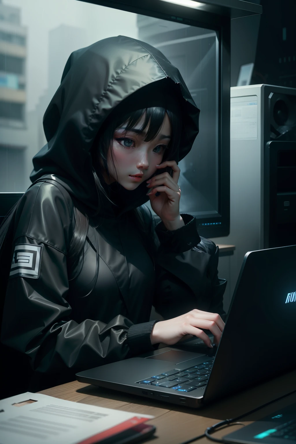 Cyber hacking,femele,Typing in front of the computer,dressed all in black,It's very mysterious。 The scene outside the window is rain