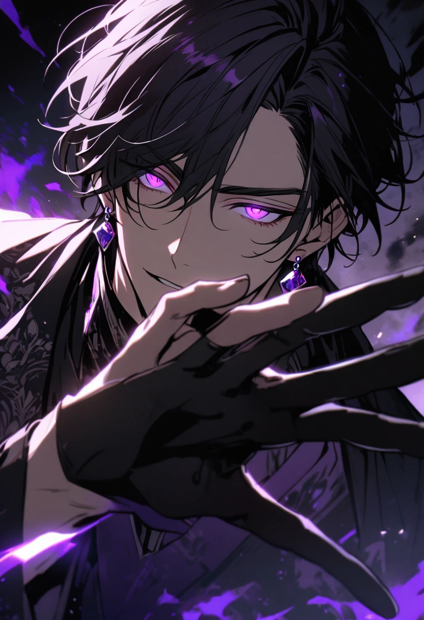 male, solo, handsome, purple eyes, glowing eyes, balck hair, diamond earings, spread the hand,