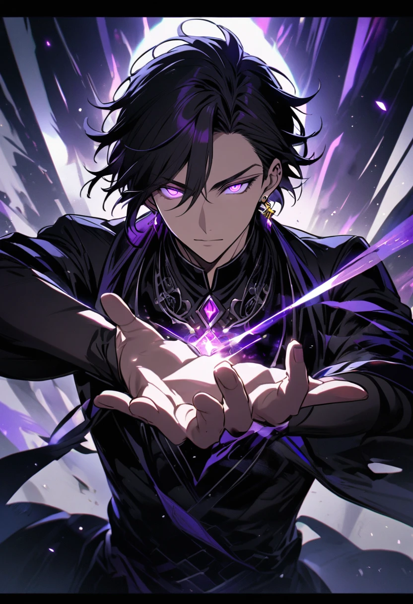 male, solo, handsome, purple eyes, glowing eyes, balck hair, diamond earings, spread the hand,