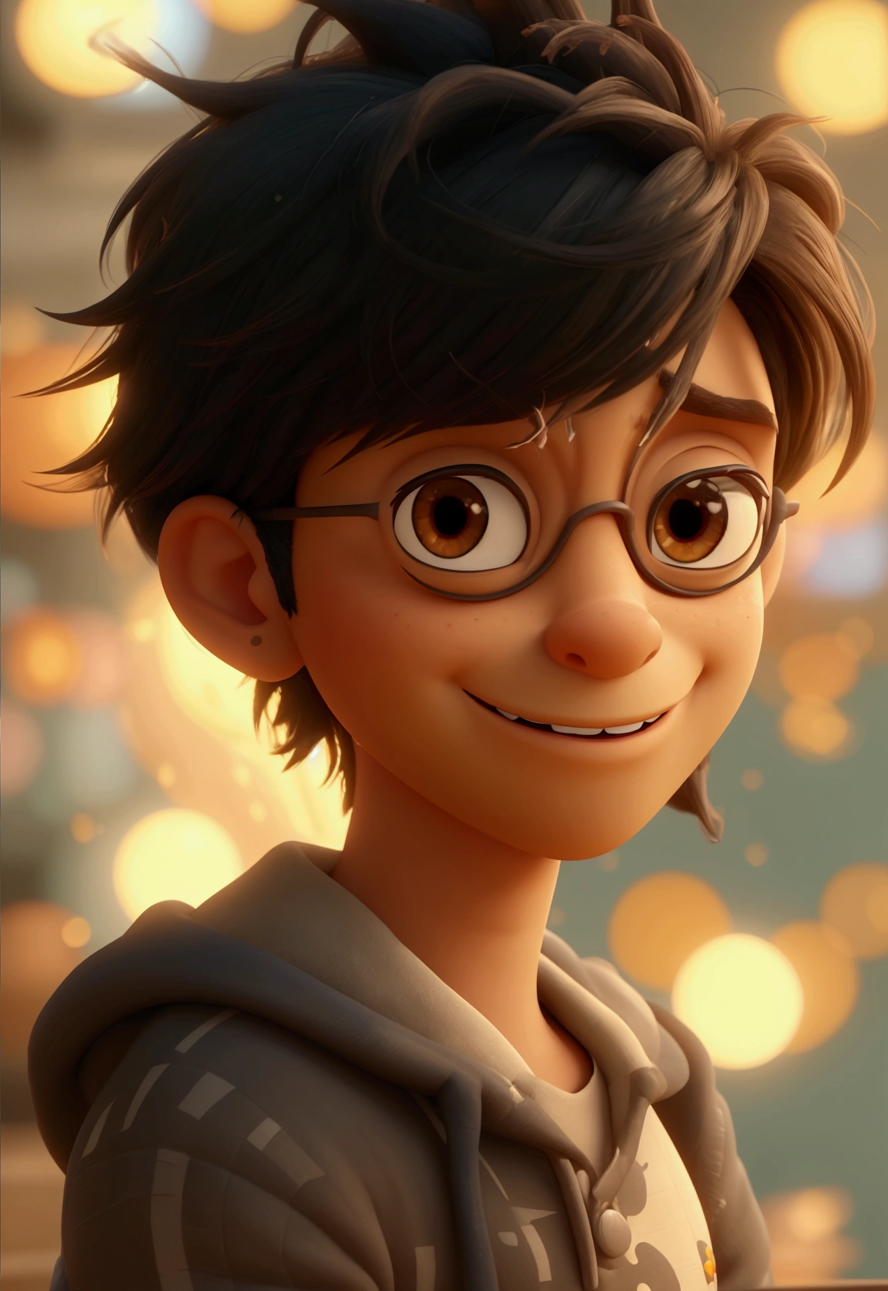 make a pixar style portrayal of him being a dark MAN, brownhair, OLHOS CASTANHO VESTIDO DE SACERDOTE USANDO OCULOS bochechas grandes SORRINDO OLHANDO PARA CAMERA ESTILO DISNEY ESTILO PIXAR 3D 8K 3D estilizada, toon render screenshot, 3d character, 3d character, Stylized 3D rendering, 3D character rendering, cartoon character, Personagem de close up, character posing,  (Pixar-style) (master part:1.2) (bokeh) (best qualityer) (skin detailed) (detailed texture) (8K) (Argilla) (cinematic lighting) (sharp focus