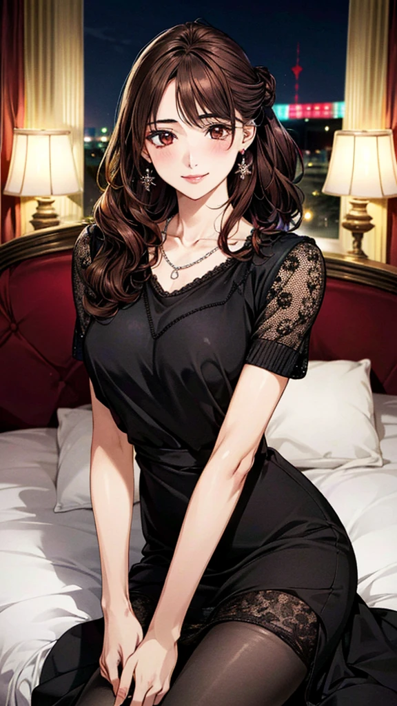 (masterpiece:1.3, Highest quality, Ultra-high resolution, Very detailed), (Realistic, photoRealistic:1.4), Beautiful illustrations, Perfect lighting, colorful, Written boundary depth,
Beautiful detailsまでこだわった髪, Beautifully detailed face, Beautiful details, Beautiful clavicle, Beautiful body, Beautiful big breasts, Beautiful thighs, Beautiful legs, Beautiful fingers,
Show Viewer、Front view:0.6, beauty1人, Japanese, beauty、30 years old, Perfect Face, (Perfect Anatomy, Anatomically correct), Cute and symmetrical face, Baby Face, , Shiny skin,
(Outfit in black and red tones、Knitted Long Dress:1.4)、
(Dark brown hair, Updo Hair:1.4), Dark brown eyes, The body is slim,
necklace、
(Beautiful views), (night), (Hotel room),(bed),Are sleeping、 優しいsmile、(smile, Lips parted),