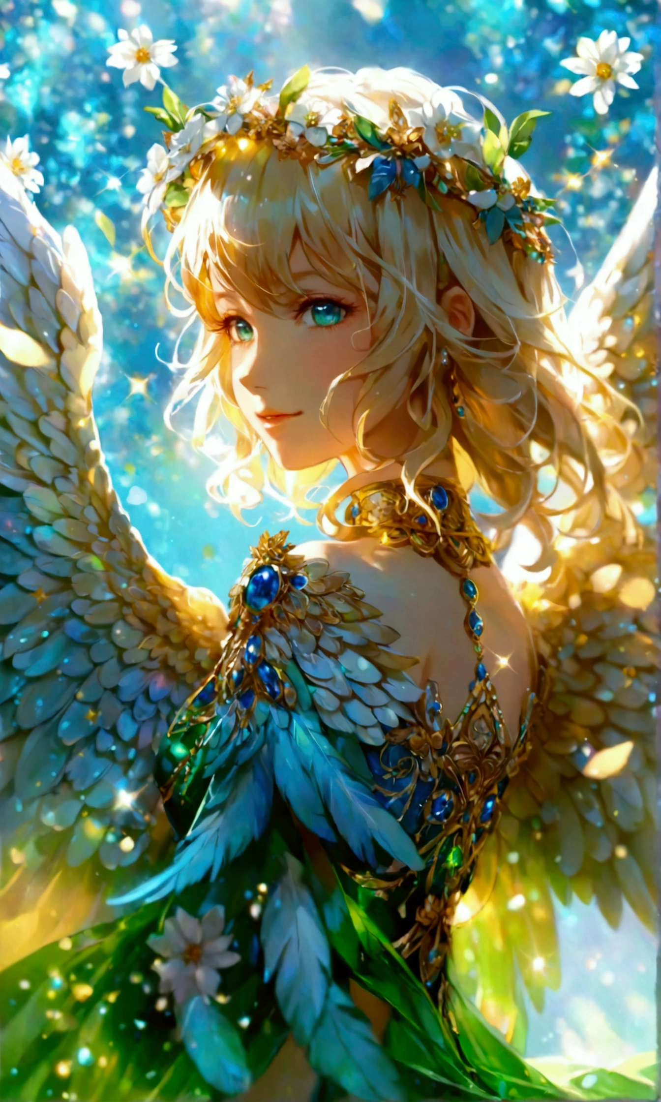 Most beautiful anime style, ultra top quality, super detailed, ultra masterpiece, 4k, beautiful girl, upper body, personification of Archangel Raphael, healing angel, radiating green healing light, soft warm light, dressed in green and blue elegant plumage, silky material, two large beautiful pure white angel wings, fluttering wings, sapphire blue eyes, shining like stars, flowing blonde hair, wavy in the wind, gentle and kind smile, arms outstretched in a pose that radiates healing light, blue sky and light in the background, seven-colored balls of light shining like stars in the daylight, shimmering, reflections of light the light, streaks of light, feathers decorated with fine embroidery and jewels, sparkles and shimmers in the depiction of light, iridescent highlights, slender and graceful figure, flower crown on her head