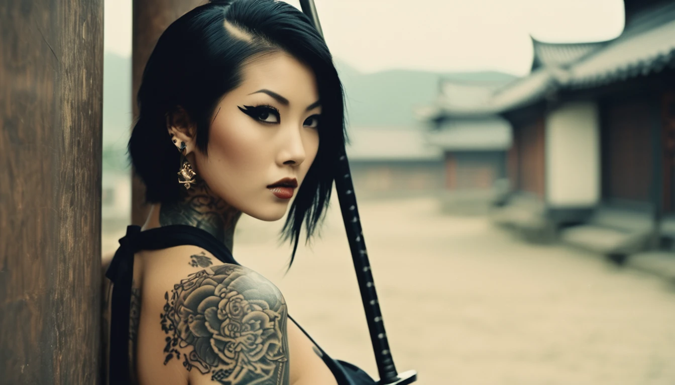 35mm vintage photo , A very cute and beautiful Caucasian lady with tattoo , slim yakuza girl, samurai hair, Oriental tattoos, ninja hand sign, female samurai, Yakuza tattoo on the body, of a cute girl with traditional tattoos, Full body tattoos, Full body tattoos, behind her a decorated Korean pole weapon, Geisha tattoo ,bokeh, professional