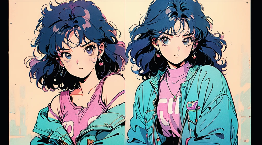 Highest quality、high resolution、Subtle details、Accurate anatomy、New Retro、80 hair、Beautiful woman、Woman with short black hair、Adult female、Curly Hair、White tank top、Denim colored shorts、Sad face,, Lofi Art, anime art wallpaper 4k, anime art wallpaper 4k, anime wallpaper 4k, anime wallpaper 4k, Praise atmosphere background,Streetscape,City Pop,1980's Lofi Chill Hip Hop Beats