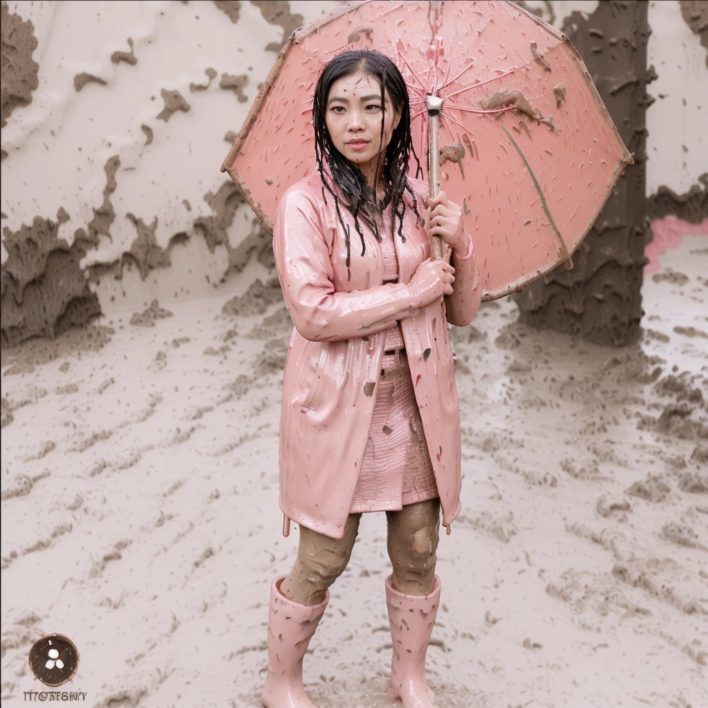 asian lady, cute pose, ((pink buttoned up raincoat)), ((wearing raincoat hood)), (((tall pink rain boots))), ((((muddy splatters)))), ((mud dripping down raincoat)), (((rainy night city street))), intricate details, highly detailed, masterpiece, 8k, photorealistic, cinematic lighting, vibrant colors, soft focus, elegant, feminine, beautiful, serene, graceful