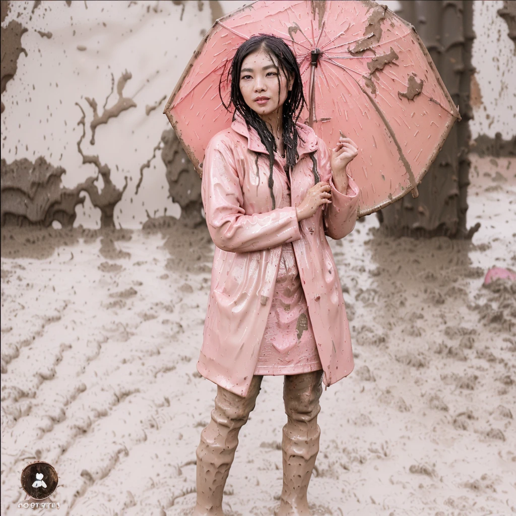 asian lady holding umbrella, cute pose, pink buttoned raincoat, tall pink rain boots, ((((dripping in mud)))), intricate details, highly detailed, masterpiece, 8k, photorealistic, cinematic lighting, vibrant colors, soft focus, elegant, feminine, beautiful, serene, graceful