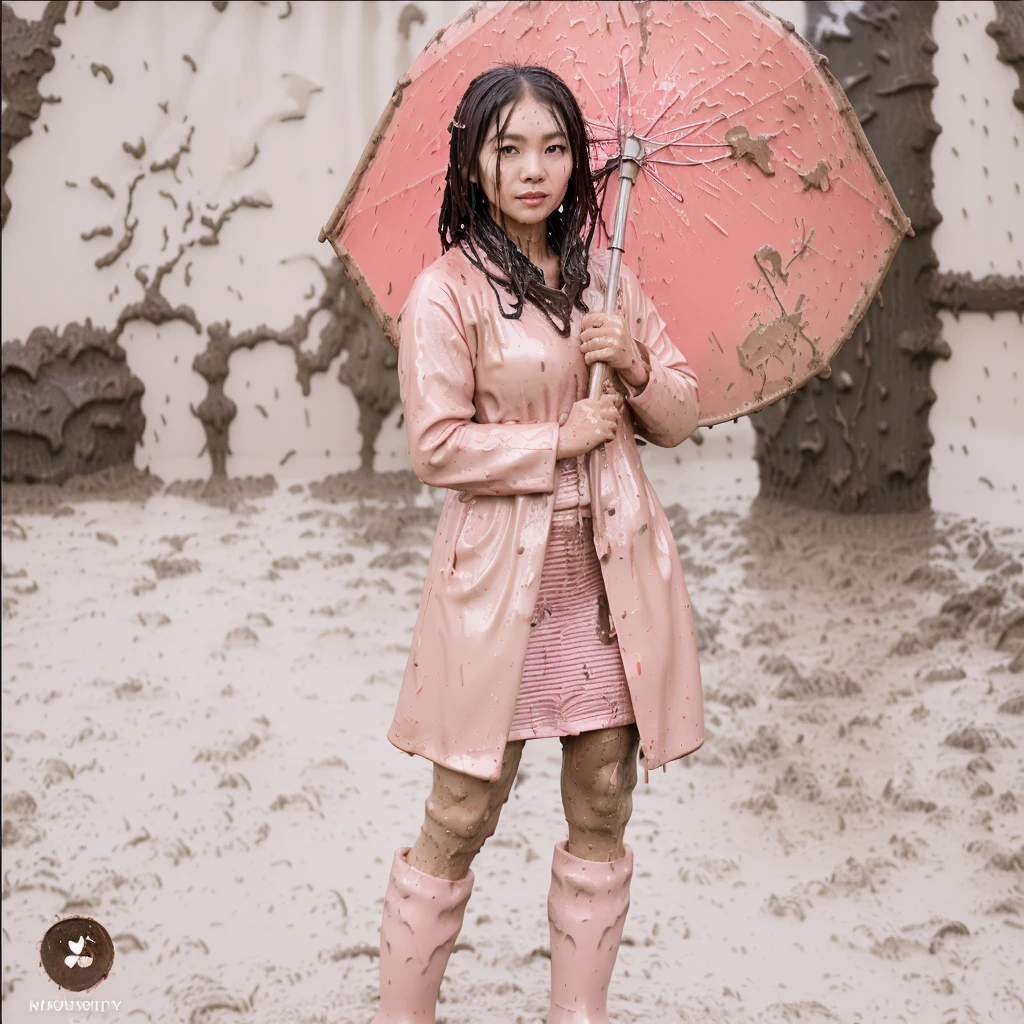 asian lady holding umbrella, cute pose, pink buttoned raincoat, tall pink rain boots, ((((dripping in mud)))), intricate details, highly detailed, masterpiece, 8k, photorealistic, cinematic lighting, vibrant colors, soft focus, elegant, feminine, beautiful, serene, graceful