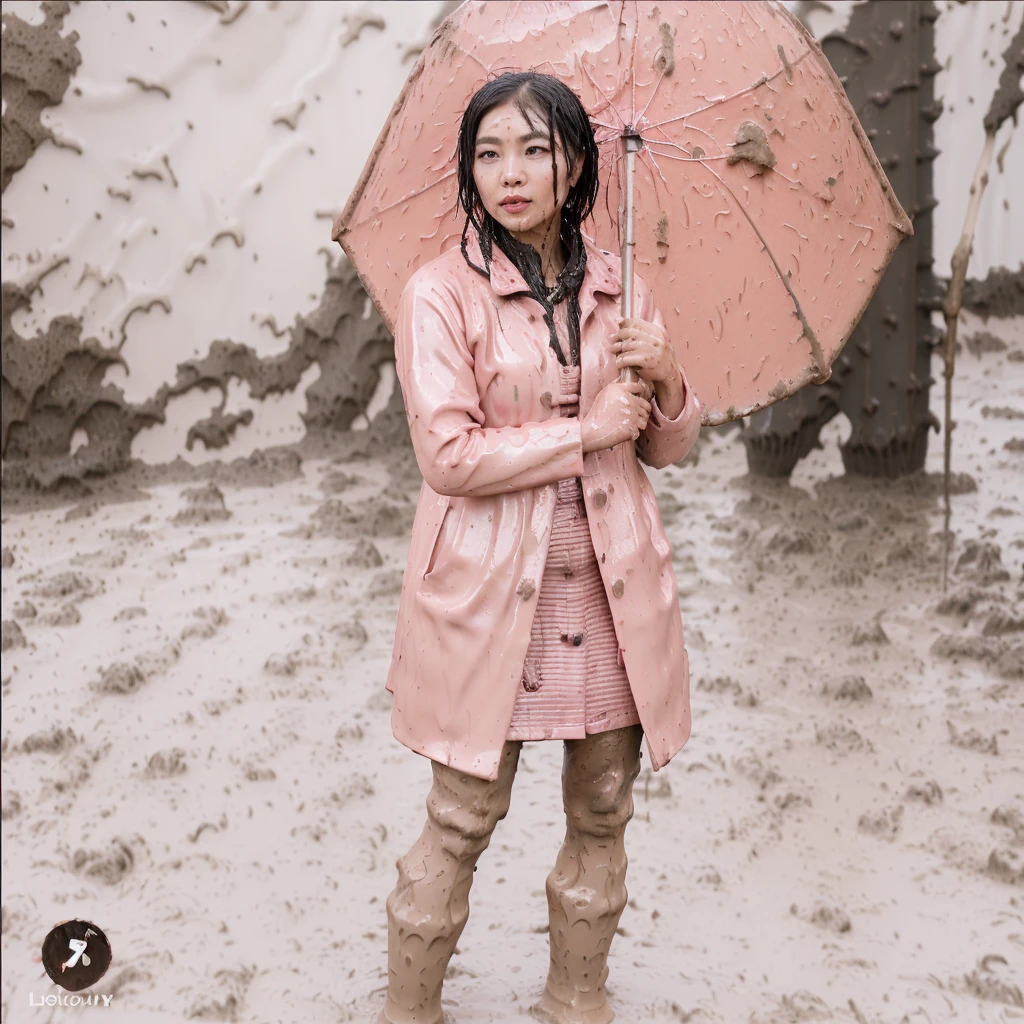 asian lady holding umbrella, cute pose, pink buttoned raincoat, tall pink rain boots, ((((dripping in mud)))), intricate details, highly detailed, masterpiece, 8k, photorealistic, cinematic lighting, vibrant colors, soft focus, elegant, feminine, beautiful, serene, graceful