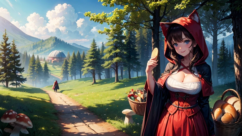 1girl, solo, rural landscape, deep forest, trees, sun, clouds, fantasy, hut, mushroom, basket with bread, path, brown hair, large breasts, red ress, hood,, cleavage 1:3, blue eyes, smile, looking at the viewer, standing, ((wolf in the background))