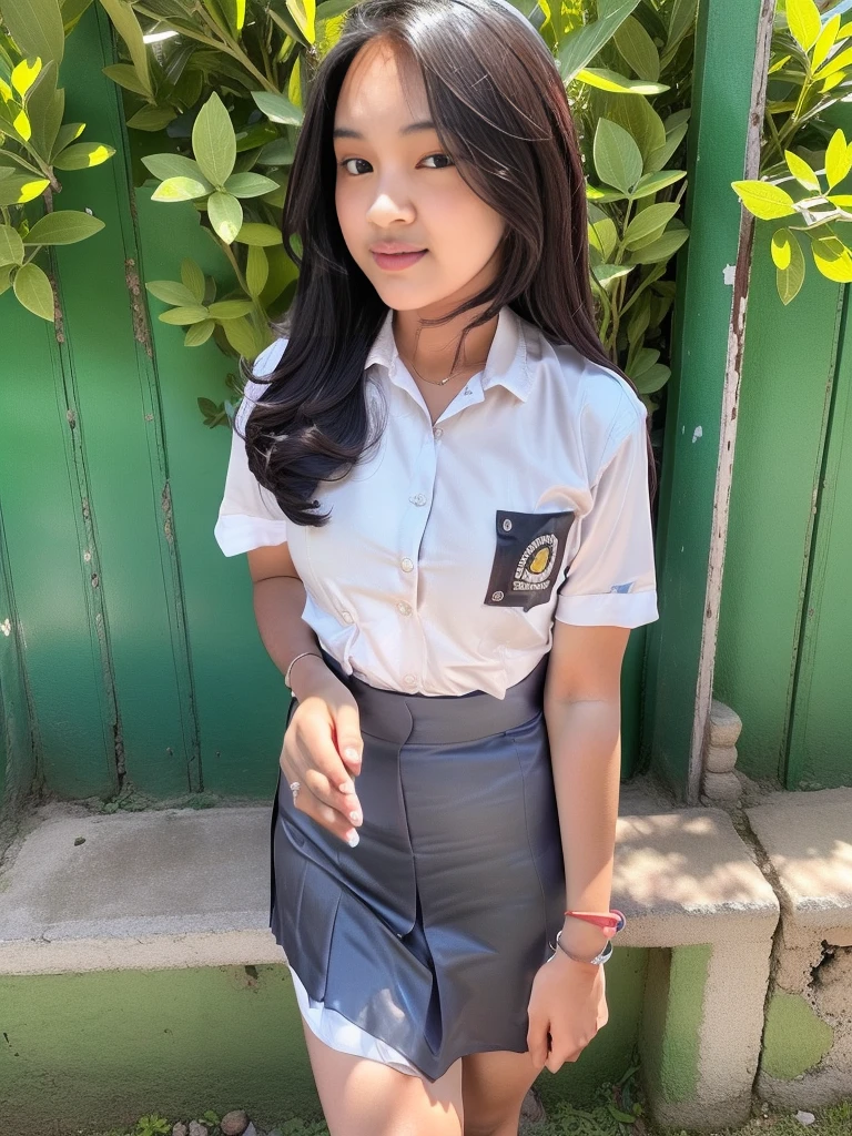 1girl, (Indonesian_high_school_uniform), standing, outdoors, chubby body, tall body, detailed face, detailed eyes, thick breasts, shiny skin, tight shirt, grey blue short skirt, eye contact with the camera, low angle shot, professional light,(8k, RAW photo, best quality, masterpiece: 1.2), (realistic, realistic: 1.37), ultra-high resolution