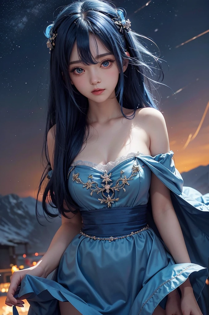 Ultra HD、A beautiful blue-haired character、Cute big eyes、Close camera angle、Red burning cheeks、Night scene with starry sky background、Wearing a gorgeous dress、Subtle details、A fantastic atmosphere、Anime style