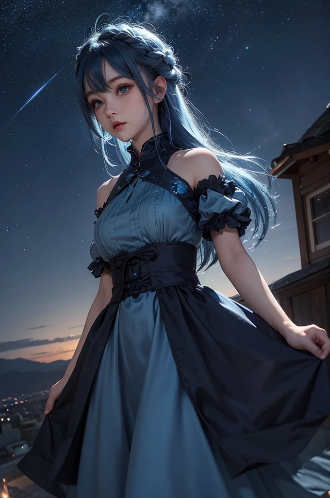 Ultra HD、A beautiful blue-haired character、Cute big eyes、Close camera angle、Red burning cheeks、Night scene with starry sky background、Wearing a gorgeous dress、Subtle details、A fantastic atmosphere、Anime style