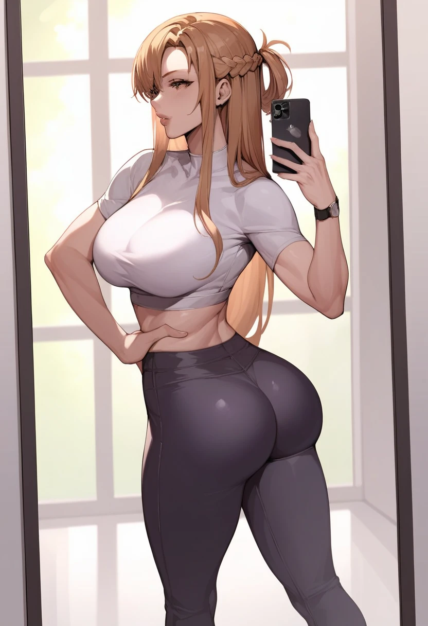 masterpiece, best quality, SimplePositiveXLv2, yuuki asuna, 1girl, solo, long hair, breasts,  large breast, curvy, 1girl, phone, solo, selfie, cellphone, ass, long_hair, yoga_pants, smartphone, pants, brown_hair, holding_phone, hand_on_hip, black_shirt, holding, crop_top, midriff, watch, shirt, tight, breasts, tight_pants, lips, 1girl