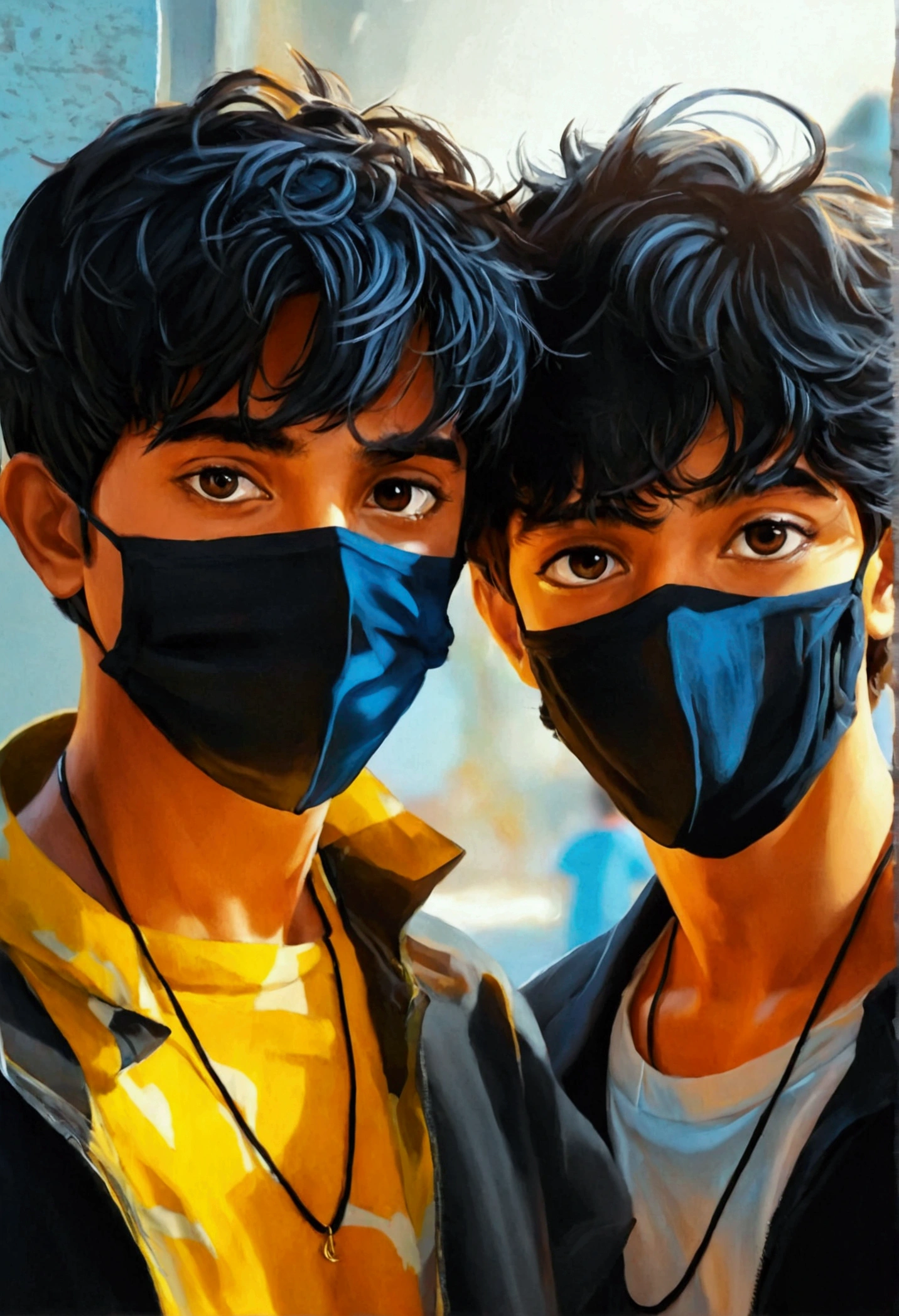 Black face mask, Two friends Habib and Umair, black pant and yellow shirt , black car ,