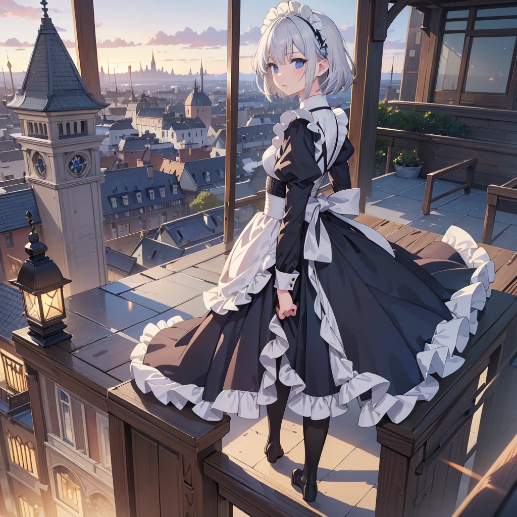 Illustration of one person, Dengeki Bunko, Woman Looking Back, Perfect Human Medicine, Woman keeps falling, {{{{{Maid clothes}}}}},Small Tits,anime, Two legs, Cool,{{{{{50 year old woman}}}}} ,{{{{{a person is depicted}}}}},(Official Art、{{{{{Upper Bodyアングル}}}}},Highest quality、Unity 8k wallpaper、32k、masterpiece、Ultra-detailed、Ultra-high resolution, Realistic、Grab your hair with your hands, Photorealistic:1.2)、(Cinema Lighting:1.2)、,Fire Glow Effect、The most grainy shadows on the film、Rim Light、Side light、Side Shot、(Ultra-detailedで複雑な3Dレンダリング)、Very short hair, Short wolf hair,細部までBeautiful Faceと目、Sharp pupils、Realistic生徒、Slender、Highly detailed background、Beautiful Face、Beautiful 16 year old girl、(Ultra-detailedなスキン、Detailed skin texture:1.Silver Hair:1.3)、Blunt bangs、blue eyes、{{{{{黒いMaid clothes}}}}}、White apron costume、Black knee socks、(Thighs Thighs Thighs Thighs:0.8)、Black Bhutanese sticks and a beautiful sunset、Medieval castle、Dancing on the Tower Roof、(avert your eyes、Overlooking the city:1.3)、Fantastic、Close your mouth and bite, Makes your face smaller, (Tabletop), Highest quality, Perfect Face, 1 Girl, alone, Eye color is light blue, Hair between the eyes, Very Short Hair, blue eyes, Silver Hair, Knee-high boots, corset,Black gloves, Long sleeve, Upper Body,