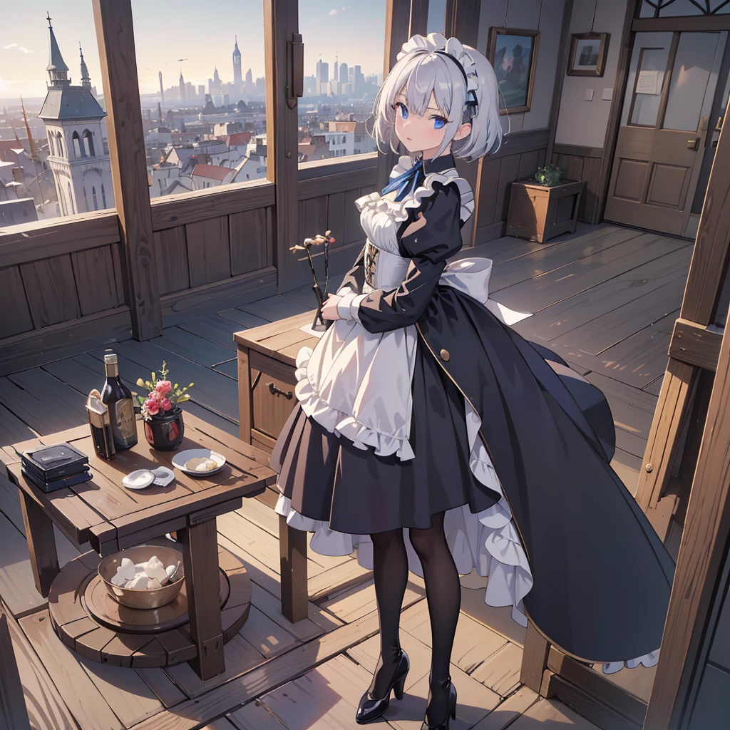 Illustration of one person, Dengeki Bunko, Woman Looking Back, Perfect Human Medicine, Woman keeps falling, {{{{{Maid clothes}}}}},Small Tits,anime, Two legs, Cool,{{{{{50 year old woman}}}}} ,{{{{{a person is depicted}}}}},(Official Art、{{{{{Upper Bodyアングル}}}}},Highest quality、Unity 8k wallpaper、32k、masterpiece、Ultra-detailed、Ultra-high resolution, Realistic、Grab your hair with your hands, Photorealistic:1.2)、(Cinema Lighting:1.2)、,Fire Glow Effect、The most grainy shadows on the film、Rim Light、Side light、Side Shot、(Ultra-detailedで複雑な3Dレンダリング)、Very short hair, Short wolf hair,細部までBeautiful Faceと目、Sharp pupils、Realistic生徒、Slender、Highly detailed background、Beautiful Face、Beautiful girl、(Ultra-detailedなスキン、Detailed skin texture:1.Silver Hair:1.3)、Blunt bangs、blue eyes、{{{{{黒いMaid clothes}}}}}、White apron costume、Black knee socks、(Thighs Thighs Thighs Thighs:0.8)、Black Bhutanese sticks and a beautiful sunset、Medieval castle、Dancing on the Tower Roof、(avert your eyes、Overlooking the city:1.3)、Fantastic、Close your mouth and bite, Makes your face smaller, (Tabletop), Highest quality, Perfect Face, 1 Girl, alone, Eye color is light blue, Hair between the eyes, Very Short Hair, blue eyes, Silver Hair, Knee-high boots, corset,Black gloves, Long sleeve, Upper Body,
