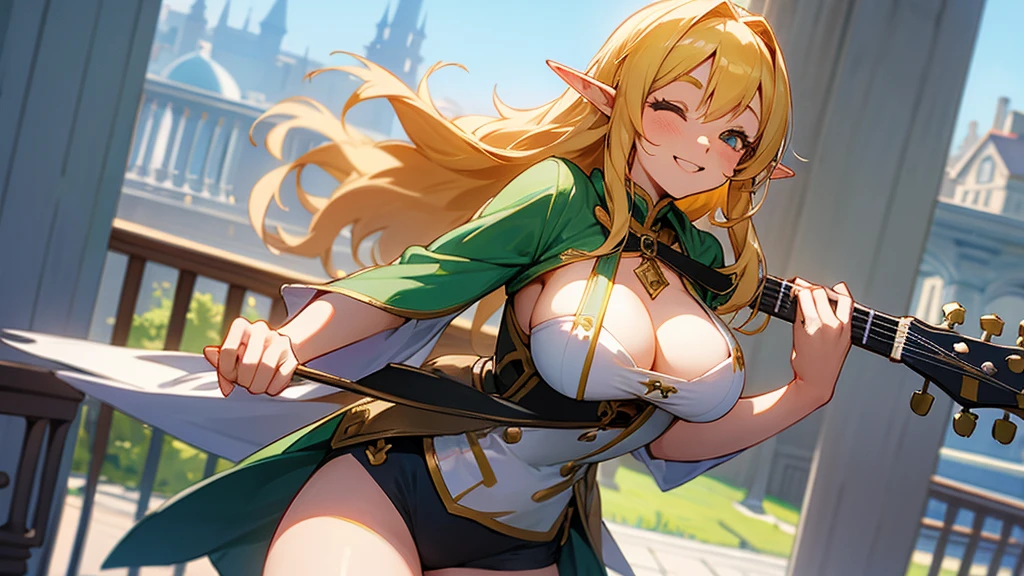 Thick thighs,Anime Style,A detailed background with many people,Magical World,A lively balcony with many people,Smiling bard beautiful elf girl,guitar,Large Breasts
