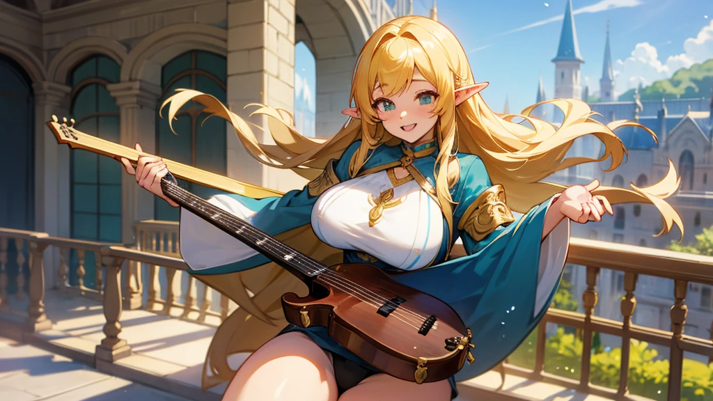 Thick thighs,Anime Style,A detailed background with many people,Magical World,A lively balcony with many people,Smiling bard beautiful elf girl,guitar,Large Breasts