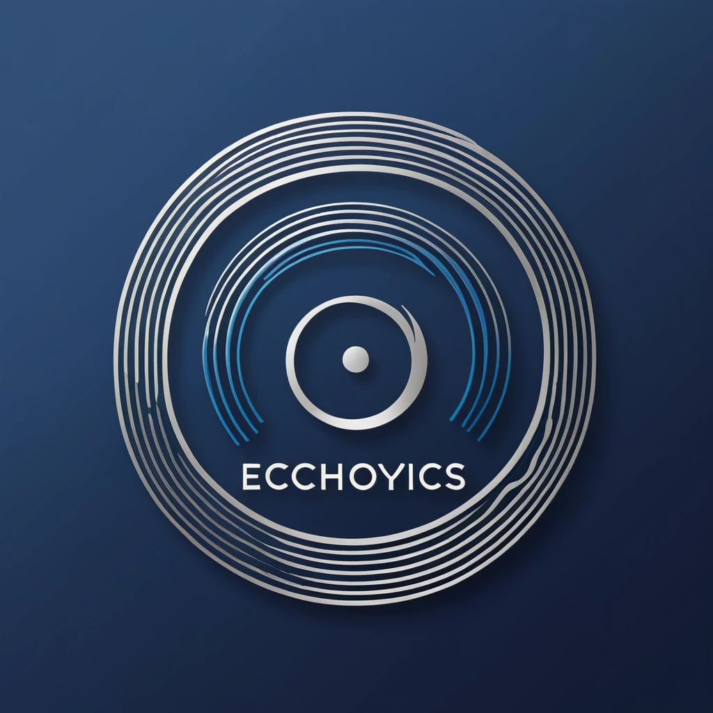 Design a stylish logo for 'EchoLyrics'. The logo should feature a sophisticated, modern font and include elements that symbolize echo and repetition, such as concentric circles or sound waves. Use a calming color palette like shades of blue and silver to evoke a sense of resonance and harmony