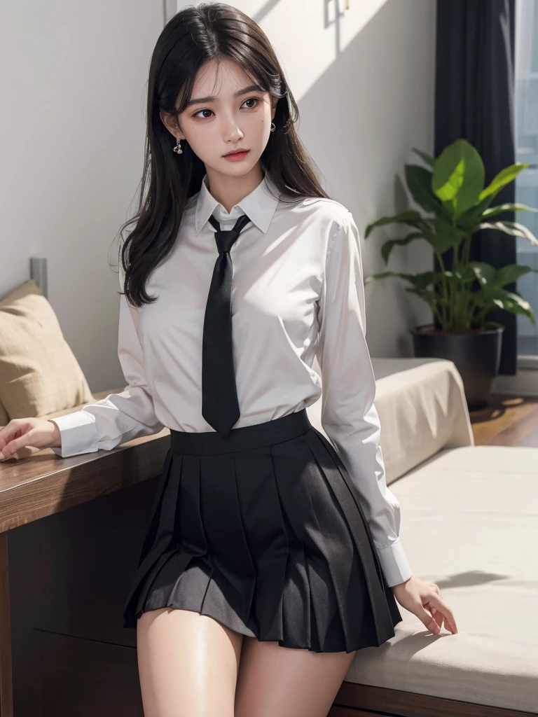 absurdres, RAW photo, extremely delicate and beautiful, masterpiece, Best Quality, ultra high resolution, 32k, hyperrealistic, ultra-detailed, perfect figure, in her 20s, very small head, very small face, delicate facial features, tearful mole, earring, huge breasts, legs, full body shot, medium hair, black hair, sweat, school_uniform,