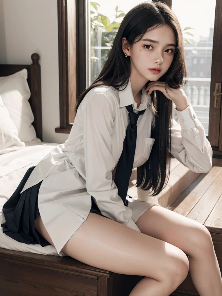absurdres, RAW photo, extremely delicate and beautiful, masterpiece, Best Quality, ultra high resolution, 32k, hyperrealistic, ultra-detailed, perfect figure, in her 20s, very small head, very small face, delicate facial features, tearful mole, earring, huge breasts, legs, full body shot, medium hair, black hair, sweat, school_uniform,