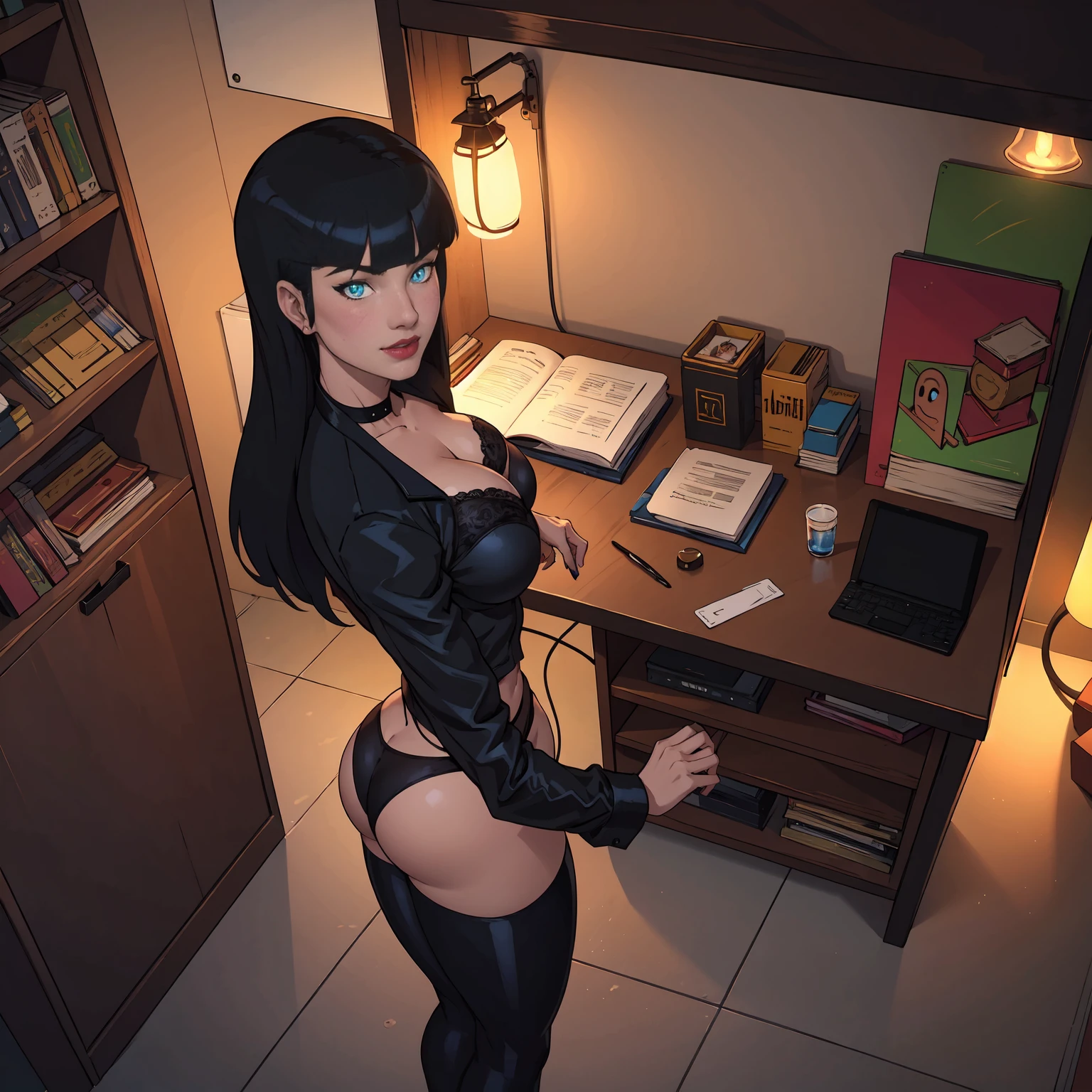 CARTOON_DC_JL_ZatanaDark_ownwaifu, ((long hair, black hair, bangs, glowing blue eyes, wide eyes, lipstick, makeup, narrow waist, skinny, medium breasts, earrings, alone, top hat)), pelvic curtain, ((Black jacket, black panties, black bra)), full body, perfect body, (insanely detailed, beautiful detailed face, masterpiece, best quality) , (((solo))), (((1girl))), (((mature))), (extremely detailed 8k paper CG wall unit: 1.1), (stage, spotlight), (smile face for the viewer), View from above, Diagonal view