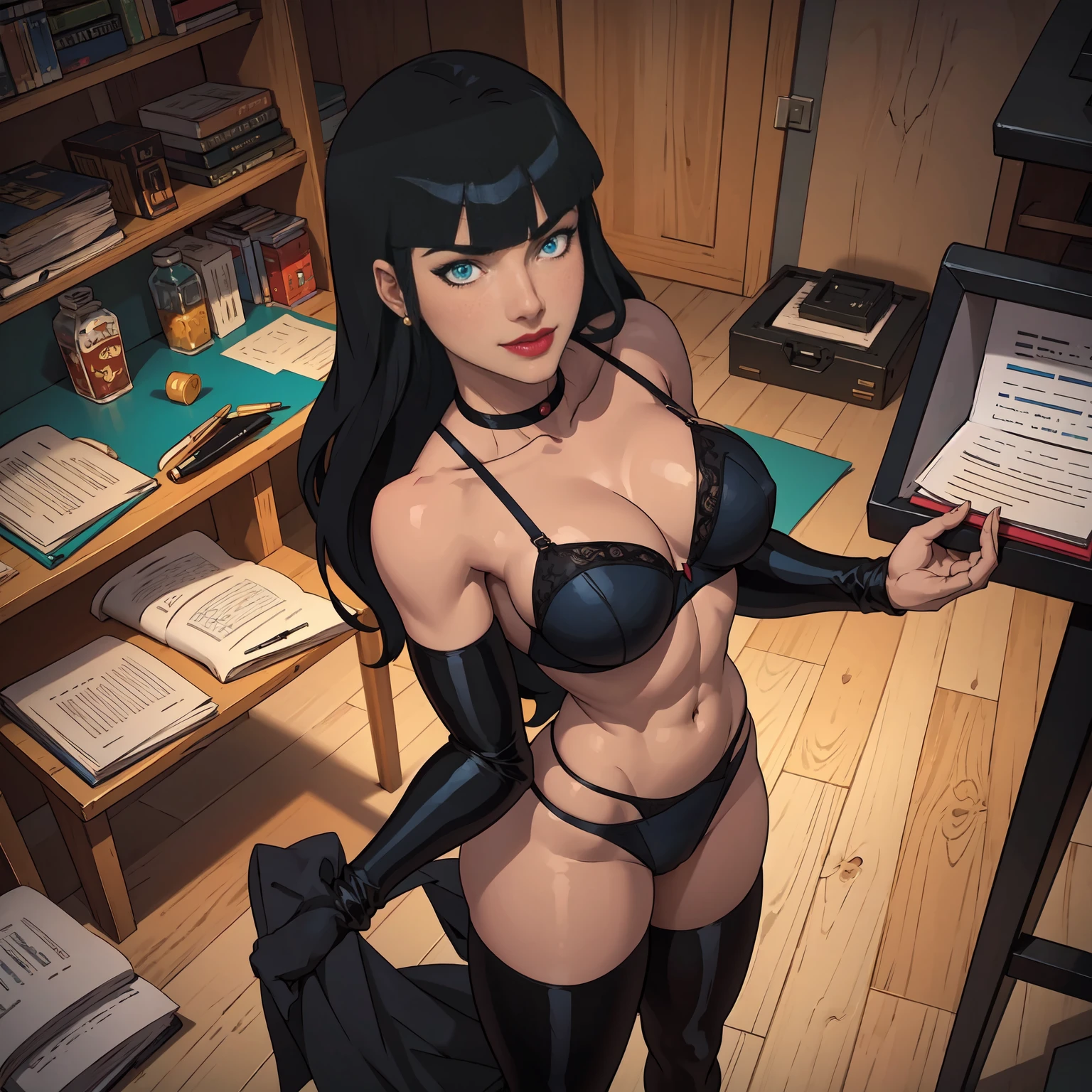 CARTOON_DC_JL_ZatanaDark_ownwaifu, ((long hair, black hair, bangs, glowing blue eyes, wide eyes, lipstick, makeup, narrow waist, skinny, medium breasts, earrings, alone,  top hat)), pelvic curtain, ((Black jacket, black panties, black bra)), full body, perfect body, (insanely detailed, beautiful detailed face, masterpiece, best quality) , (((solo))), (((1girl))), (((mature))), (extremely detailed 8k paper CG wall unit: 1.1), (stage, spotlight), (smile face for the viewer), View from above, Diagonal view