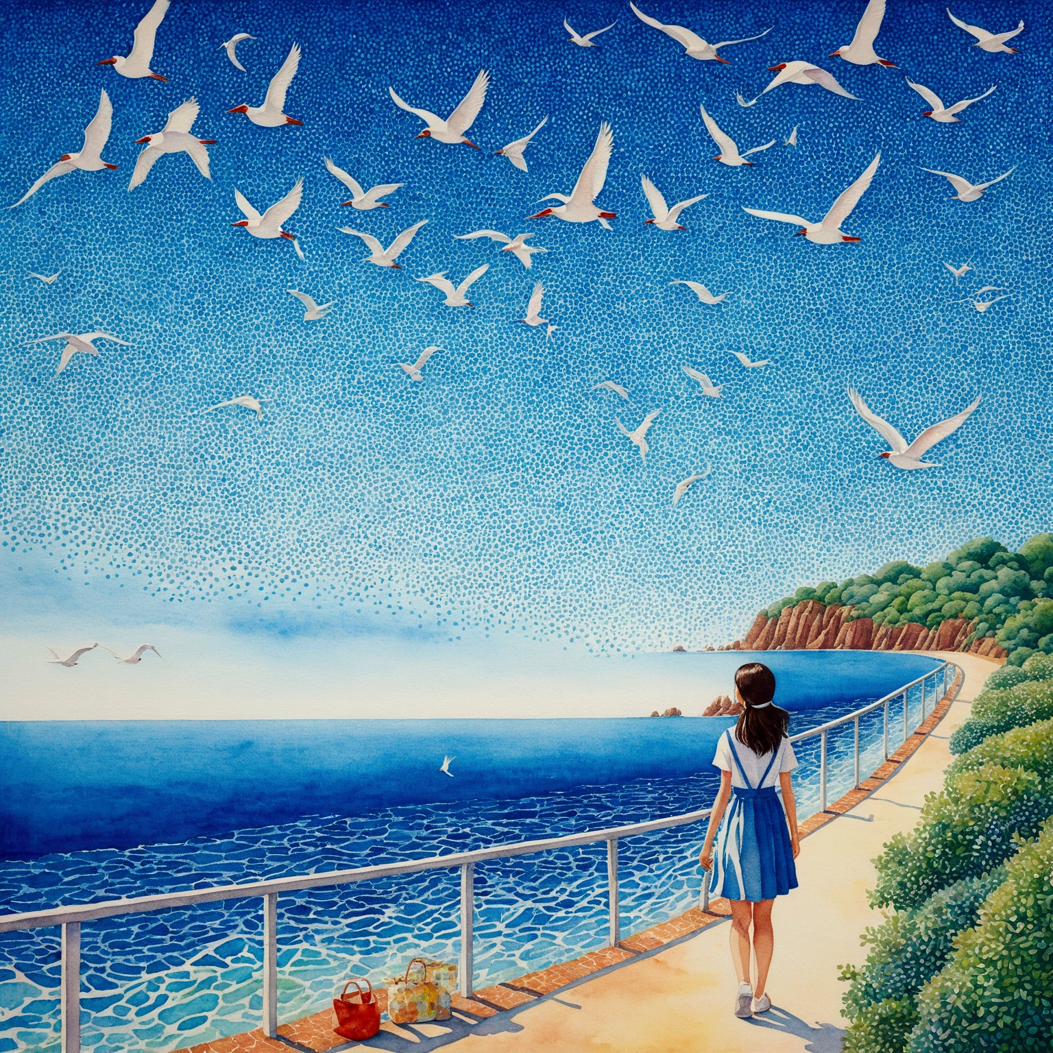 blue sky，Baiyun，Birds in the distance，Ocean，Vast image，Vision,Asahi,Girl Looking,Watercolor,Colorful Pointillism