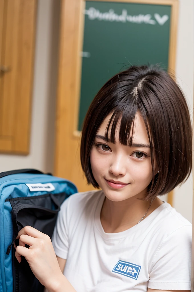 Top quality, 1 beautiful woman, super short Hair, , short sleeve, shy smile, at school