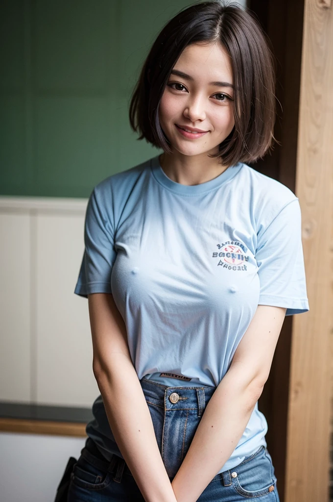 Top quality, 1 beautiful woman, super short Hair, , short sleeve, shy smile, at school