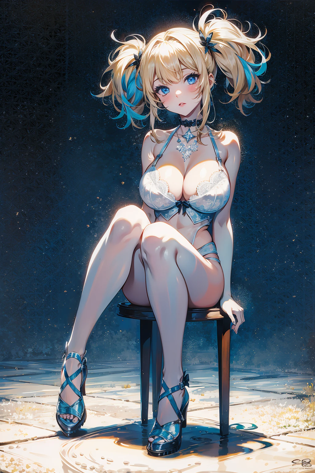 absurd, 8K, high resolution, ultra detailed, beautiful, masterpiece, best quality, very pretty woman, young, blonde hair, (very big breasts:1.3), detailed woman's face, very attractive, (white lingerie:1.2), full body, harley_quinn_isekai, chocker, light-skinned_female, pale_skin, twintails, multicolored_hair, blue_eyes, round eyeliner, parted_bangs