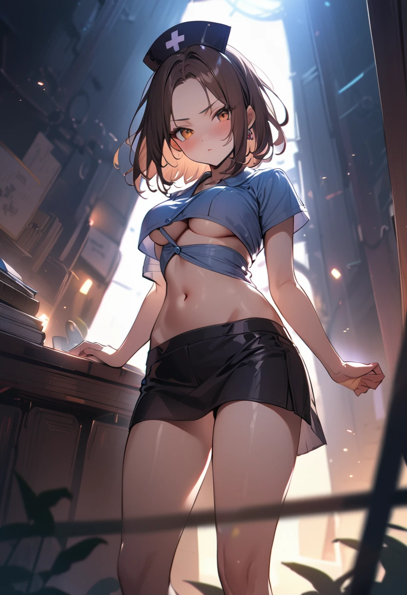 1 girl, bob, center part, forehead, brown hair, piercing, brown eyes, (grinn, blush:1.2)
BREAK (masterpiece), (high resolution 8K), cinematic lighting, professional lighting, detailed eyes and face, detailed body, 
BREAK nurse uniform, underboob, croptop navel, cowboy shot, 