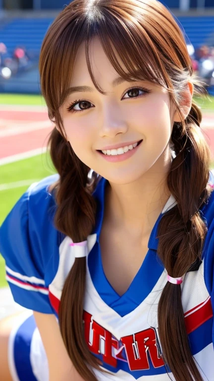 Realistic、Masseter region、Highest quality、High resolution、RAW Photos、Realistic、Bright lighting、Face Light、Smooth Professional Lighting、Japanese women、Beautiful woman、Modeled、gravure、sexy、so beautiful、Realisticで美しい肌、Beautiful and exquisite、Detailed face、slim、Large Breasts、Cleavage、Twin tails、Brunette colored hair、Brown eyes、Looking into the camera、Cheerleader、Cheerleader、Cheerleader、smile