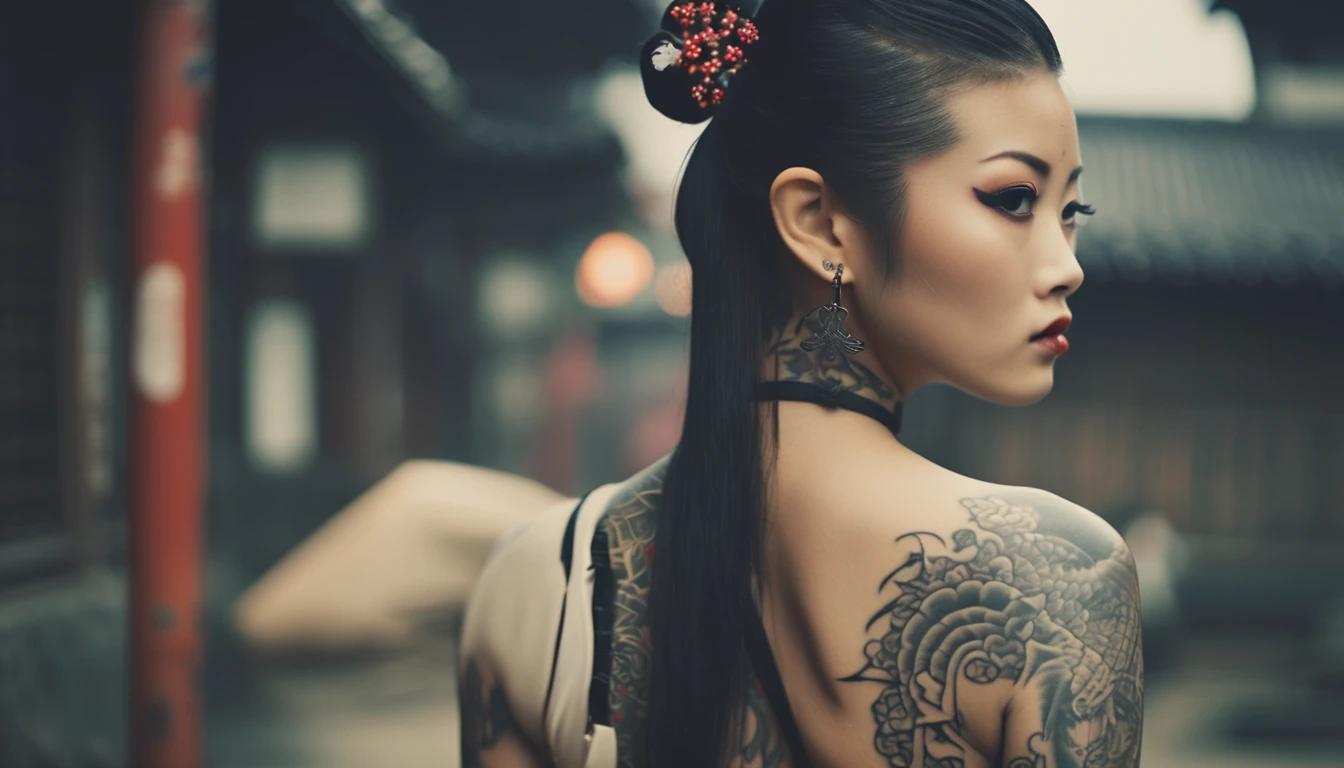 35mm vintage photo , A very cute and beautiful lady with tattoo , slim yakuza girl, samurai ponytail hair, Oriental tattoos, ninja hand sign, female samurai, Yakuza tattoo on the body, of a cute girl with traditional tattoos, Full body tattoos, Full body tattoos, behind her a decorated Korean pole weapon, Geisha tattoo ,bokeh, professional