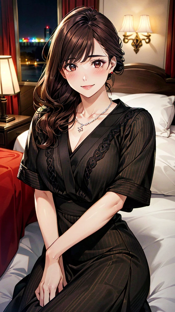 (masterpiece:1.3, Highest quality, Ultra-high resolution, Very detailed), (Realistic, photoRealistic:1.4), Beautiful illustrations, Perfect lighting, colorful, Written boundary depth, 
Beautiful detailsまでこだわった髪, Beautifully detailed face, Beautiful details, Beautiful clavicle, Beautiful body, Beautiful big breasts, Beautiful thighs, Beautiful legs, Beautiful fingers, 
Show Viewer、Front view:0.6, beauty1人, Japanese, beauty、30 years old, Perfect Face, (Perfect Anatomy, Anatomically correct), Cute and symmetrical face, Baby Face, , Shiny skin, 
(Outfit in black and red tones、Knitted Long Dress:1.4)、
(Dark brown hair, Updo Hair:1.4),  Dark brown eyes, The body is slim, 
necklace、
(Beautiful views), (night), (Hotel room),(bed),Are sleeping、 優しいsmile、(smile, Lips parted), 